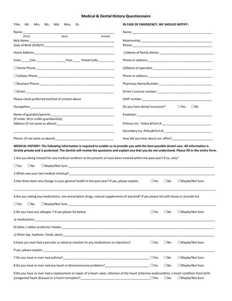 Sample Dental Medical History Questionnaire At Dannette Morris Blog