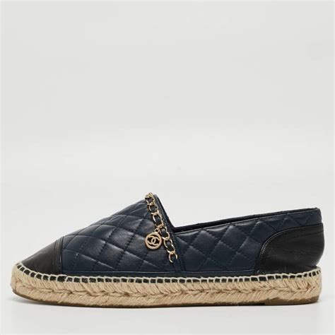 Chanel Blue Quilted Leather Chain Link Cc Espadrille Flats Size 41