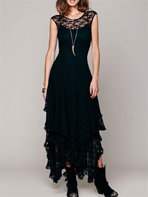 Lace Layered Asymmetrical Black Dressfor Women Romwe