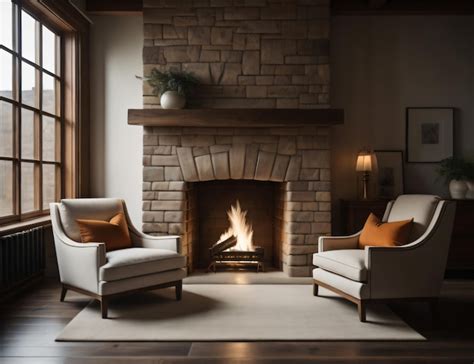 Premium AI Image A Fireplace With A Stone Fireplace And Two Chairs In