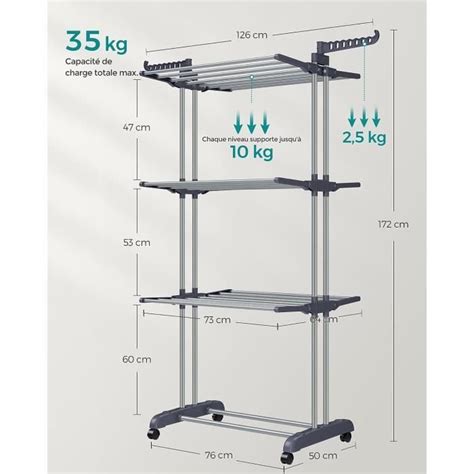 Songmics Tendoir Linge S Choir Mobile Niveaux Avec Roulettes