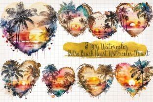 Retro Beach Heart Watercolor Clipart Graphic By WaterColorArch