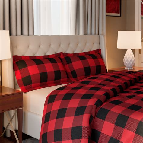 Mellanni 100 Organic Cotton 3 Piece Red Buffalo Check Flannel Duvet