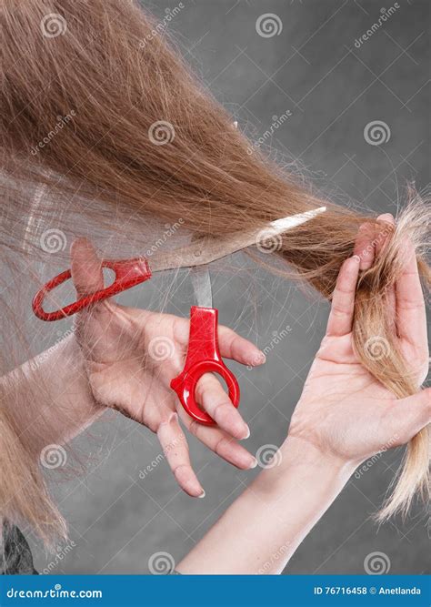 Blonde Woman Cutting Her Hair Stock Photo Image Of Haircutting Hair