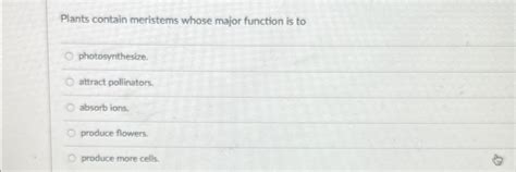 Solved Plants Contain Meristems Whose Major Function Is Chegg