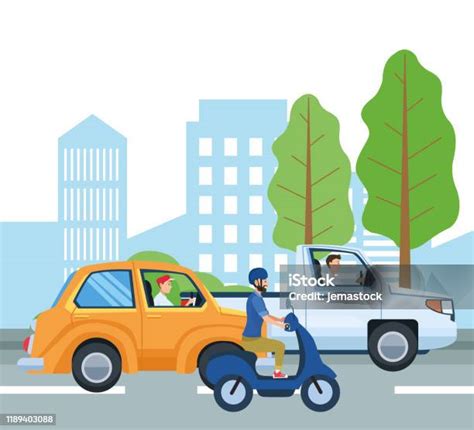 Orangorang Mengendarai Mobil Dan Desain Vektor Sepeda Motor Ilustrasi