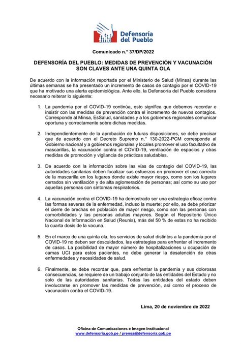 Defensoría Perú on Twitter Comunicado Defensoría del Pueblo medidas