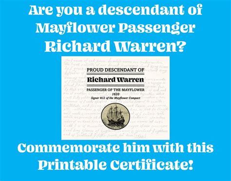 Richard Warren Family Mayflower Certificate Pilgrims Families Genealogy ...