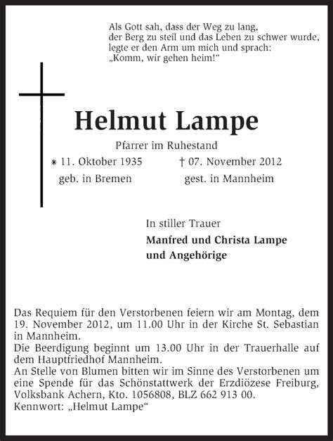 Traueranzeigen Von Helmut Lampe Trauer Kreiszeitung De