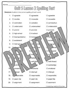 Open Court Th Grade Unit Multiple Choice Spelling Tests By