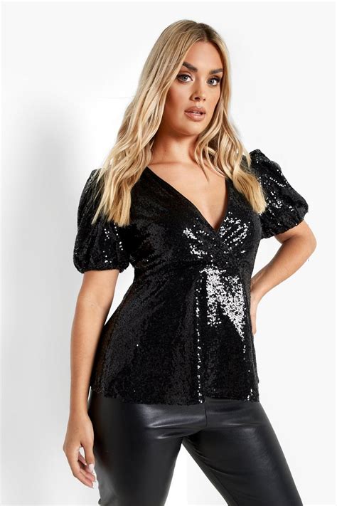 Womens Black Plus Sequin Wrap Peplum Top Boohoo Uk