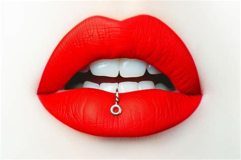 Premium Photo Full Red Lips With A Piercing On The Lower Lip