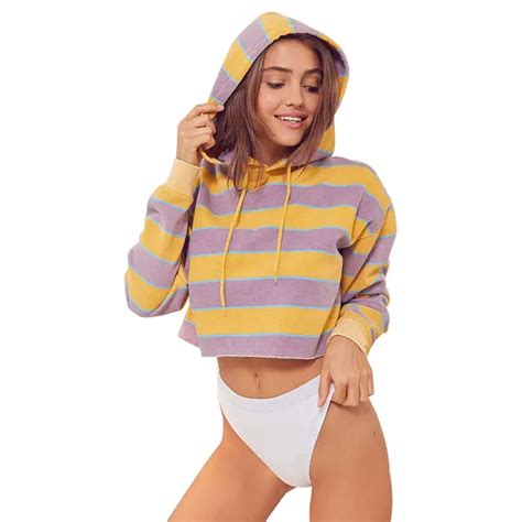 Autumn 2017 Sexy Women Fashion Long Sleeve Hoodie Sweatshirt Ladies Casual Loose Striped Short