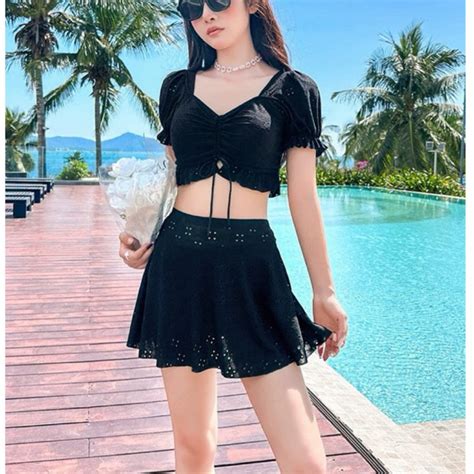 Beachwear Studio Bikini Set Skirt Pants Eyelet Cotton Swimsuit Shopee Malaysia