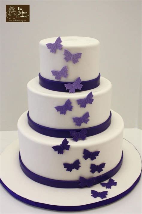 White Cake With Purple Butterflies And Ribbon Purple Wedding Cakes