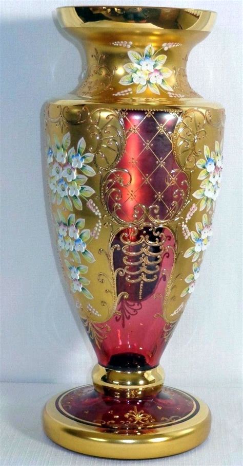 Bohemian Czech Gold Enameled Cranberry Glass Vase Cranberry Glass Vase Moser Glass Cranberry