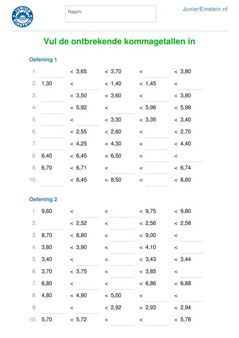 Werkblad Vul De Ontbrekende Kommagetallen In 2