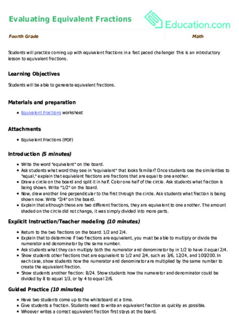 Lesson Plans For Equivalent Fractions