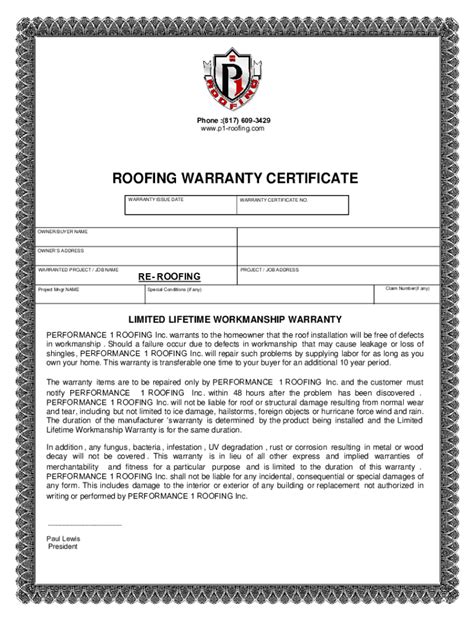 Fillable Online 00457 Roofing Warranty Certificate Text Box Fillable