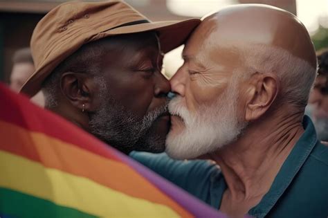 Casal gay se beijando na frente de uma bandeira de arco íris generative ai Foto Premium
