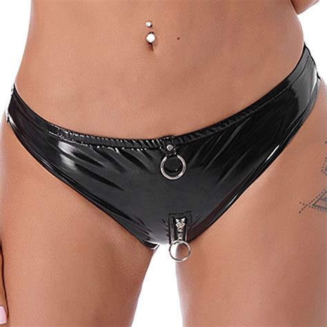 Freebily Damen Wetlook Leder Strings Low Waist Slips Reißverschluss Im