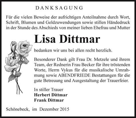 Traueranzeigen Von Lisa Dittmar Abschied Nehmen De