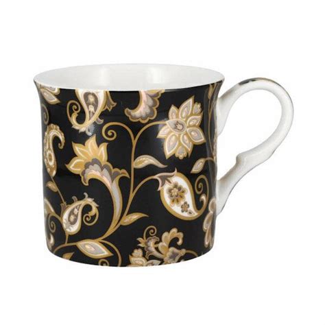 Heritage Bone China Black White Gold Jacobean Mugs Set Of 4 Gift