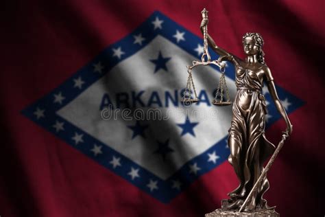 Arkansas Us State Flag With Statue Of Lady Justice And Judicial Scales