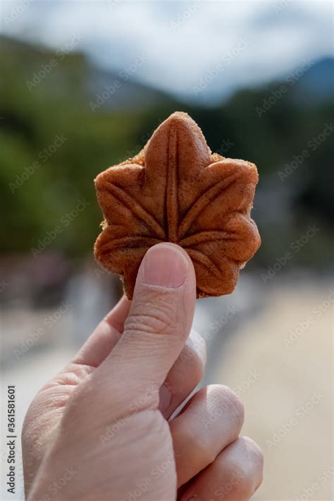 Hand Holding A Red Bean Momiji Manju Or Japanese Style Sweet Cake