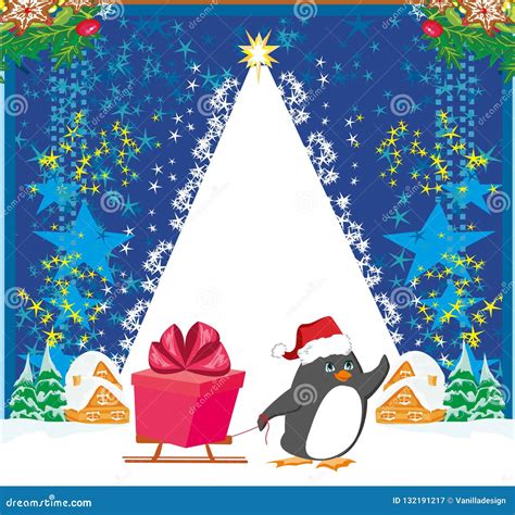 Penguin with Sleds - Funny Christmas Card Stock Vector - Illustration ...