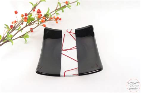 Fused Glass Red Stringer Plate 5 Inch Square Glass Art By Margot