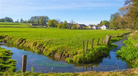 Grassy Green Edge Of A Stream Through A Small Village In Bright