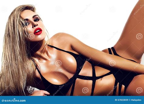 Blond Woman Model In Black Lingerie With Big Tits Stock Image Image Of Colorful Blue