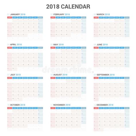 Calendario Anual 2018 Colores Americanos Ilustración Del Vector