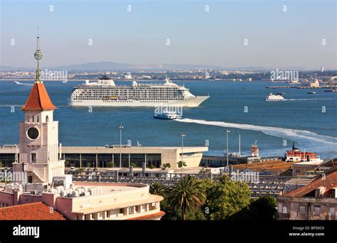 A Cruise Liner On Rio Tejo Passing Cais Do Sodre Lisbon Portugal