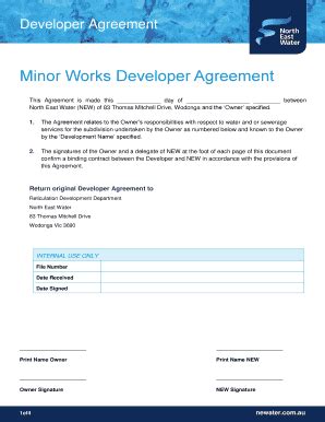 Fillable Online Minor Works Developer Agreement North East Water Fax