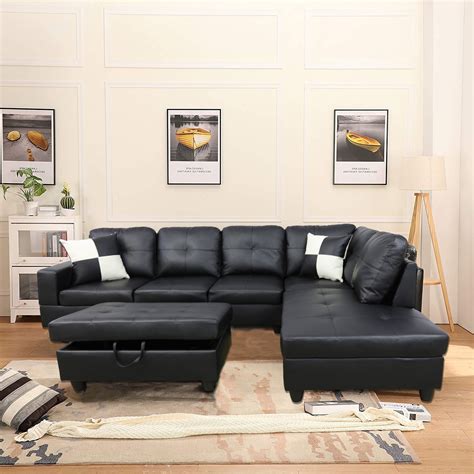 Maumee Black L Shaped Sectional Living Room Sofa Set With Chaise