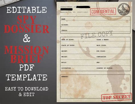 Editable Spy Dossier And Mission Brief Pdf Template Digital Download