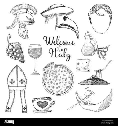 Set Of Elements Of Italian Culture Welcome To Italy Vector