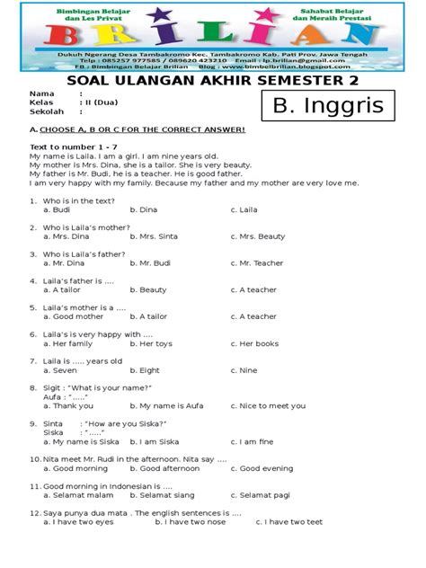 Soal Bahasa Inggris Kelas 2 Semester 2 Dan Kunci Jawaban