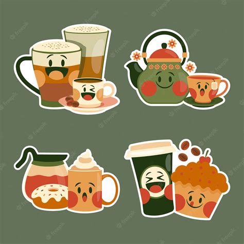 Free Vector | Childlike tea and coffee stickers collection