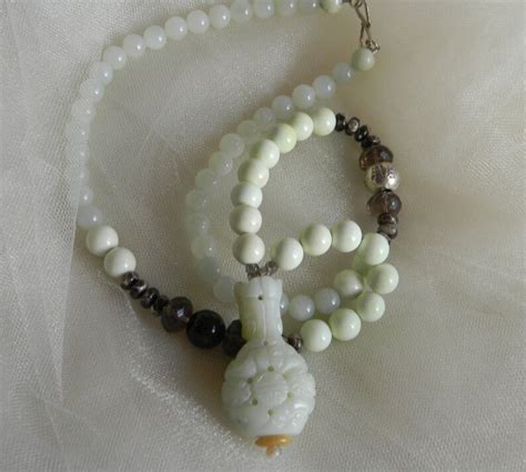 Jade Pendant W Lemon Chrysoprase Beads Necklace Smoky Quartz Etsy