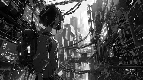 Cyberpunk Manga Character Stands In A Crowded Cityscape Premium Ai