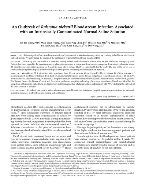 (PDF) An Outbreak of Ralstonia pickettii Bloodstream Infection Associated with an Intrinsically ...