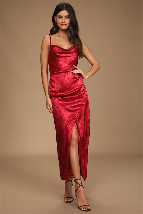 Wine Red Satin Dress Floral Jacquard Dress Cowl Maxi Dress Lulus