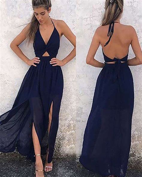 Halter Cutout Navy Blue Chiffon Prom Dress With Double Slits Pm