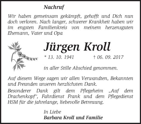 Traueranzeigen von Jürgen Kroll Märkische Onlinezeitung Trauerportal