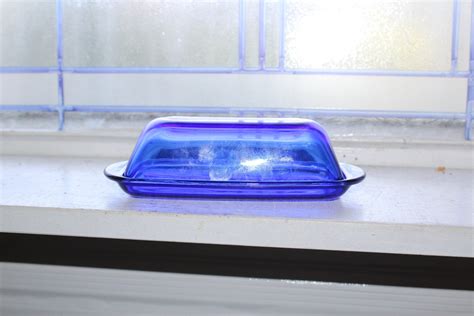 Vintage Cobalt Blue Glass Butter Dish