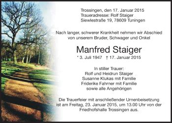 Traueranzeigen von Manfred Staiger Schwarzwälder Bote Trauer