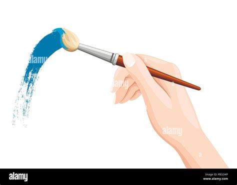 Hand Holding Paintbrush Brush Painting On White Blue Paint Vector